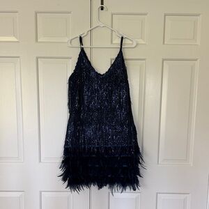 Mew Mews Navy Sequin & Feather Fringe Slip Dress